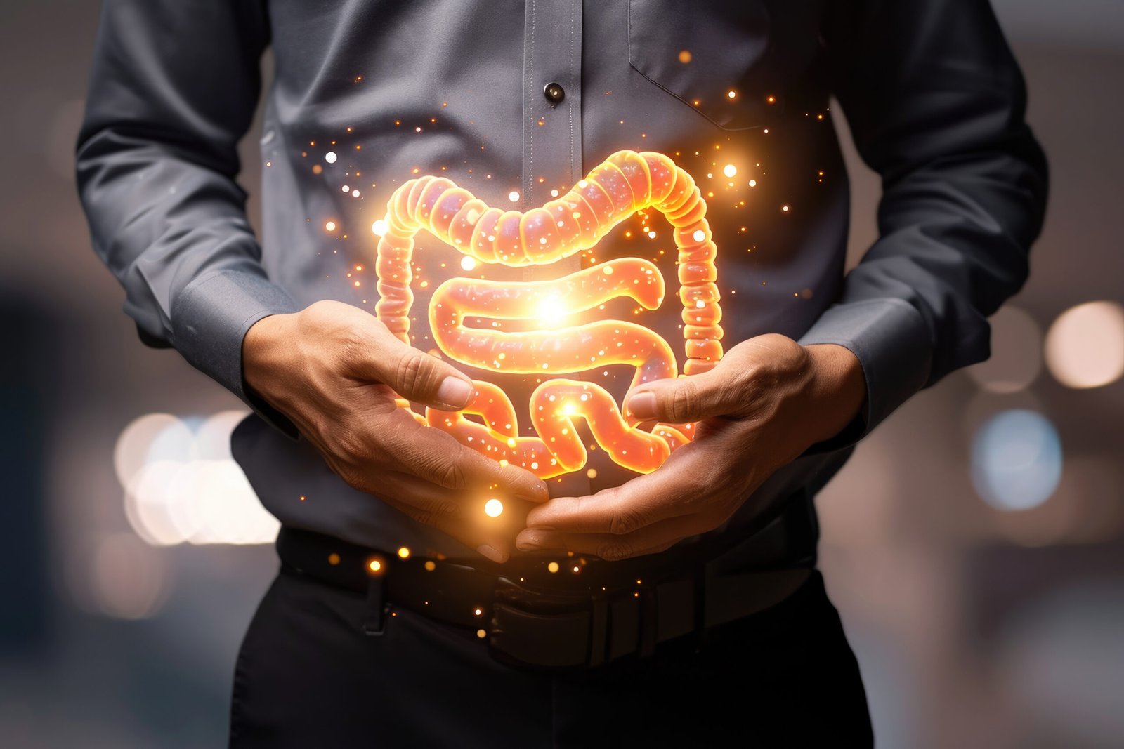 A man is holding a model of the human digestive system. Concept of curiosity and fascination with the inner workings of the body